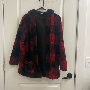 Hooded buffalo check sherpa cardigan
